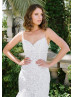 Beaded Spaghetti Straps White Lace Tulle Elegant Wedding Dress